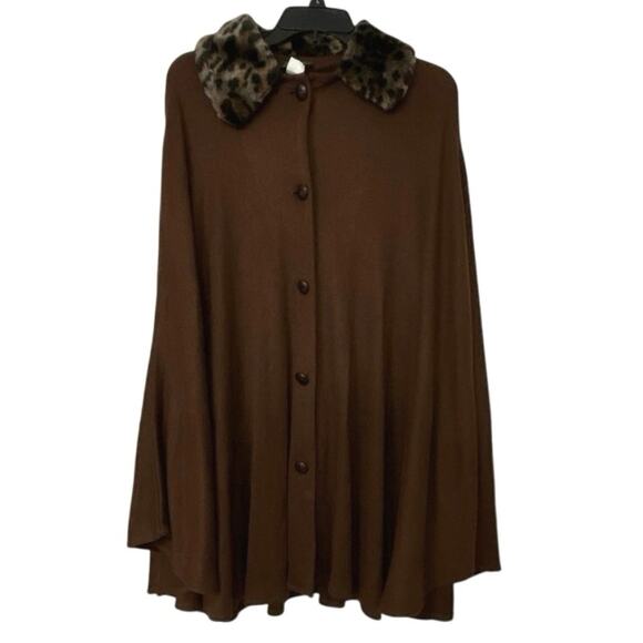 Vintage A. Brod Faux Fur Collar Swing Cape Poncho Brown Made in USA One Size - Picture 1 of 8